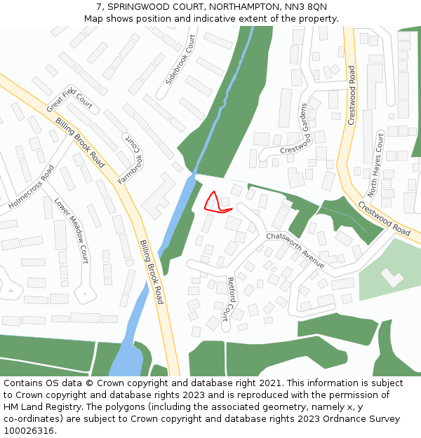 7, SPRINGWOOD COURT, NORTHAMPTON, NN3 8QN: Location map and indicative extent of plot