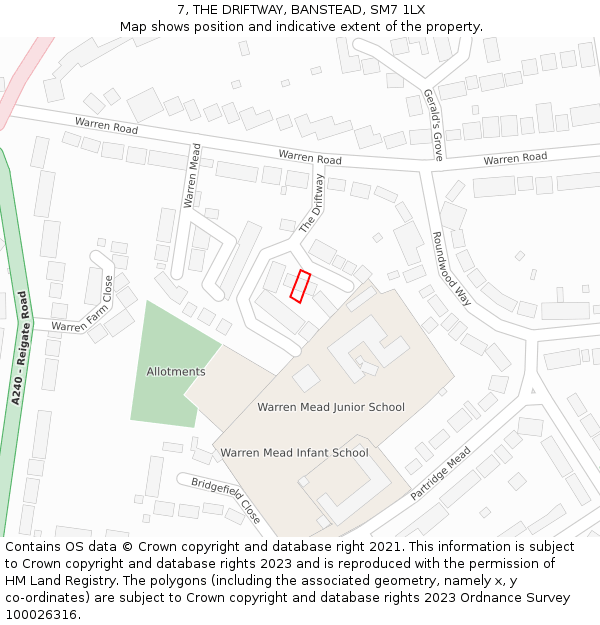 7, THE DRIFTWAY, BANSTEAD, SM7 1LX: Location map and indicative extent of plot