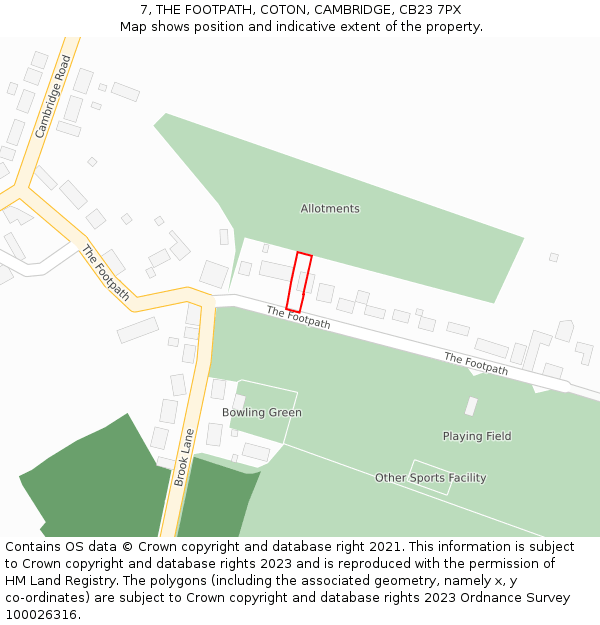 7, THE FOOTPATH, COTON, CAMBRIDGE, CB23 7PX: Location map and indicative extent of plot
