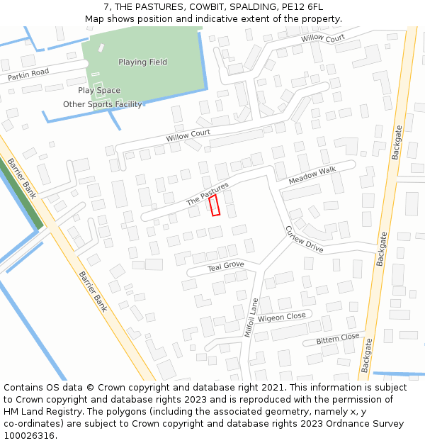 7, THE PASTURES, COWBIT, SPALDING, PE12 6FL: Location map and indicative extent of plot