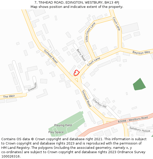 7, TINHEAD ROAD, EDINGTON, WESTBURY, BA13 4PJ: Location map and indicative extent of plot