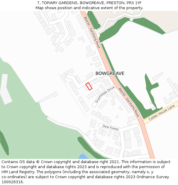 7, TOPIARY GARDENS, BOWGREAVE, PRESTON, PR3 1YF: Location map and indicative extent of plot