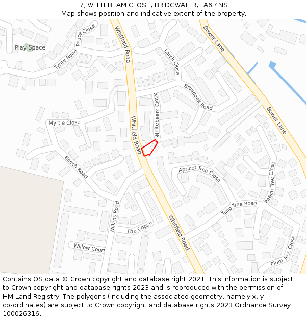 7, WHITEBEAM CLOSE, BRIDGWATER, TA6 4NS: Location map and indicative extent of plot