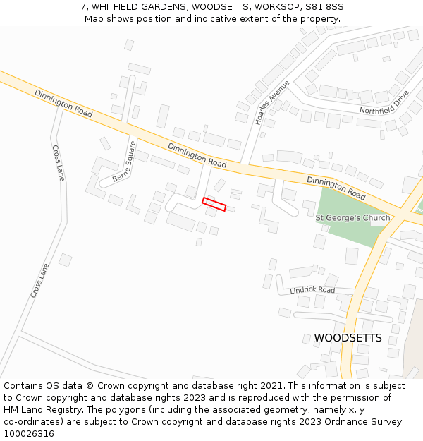 7, WHITFIELD GARDENS, WOODSETTS, WORKSOP, S81 8SS: Location map and indicative extent of plot