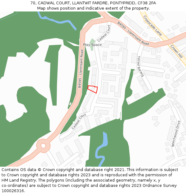 70, CADWAL COURT, LLANTWIT FARDRE, PONTYPRIDD, CF38 2FA: Location map and indicative extent of plot