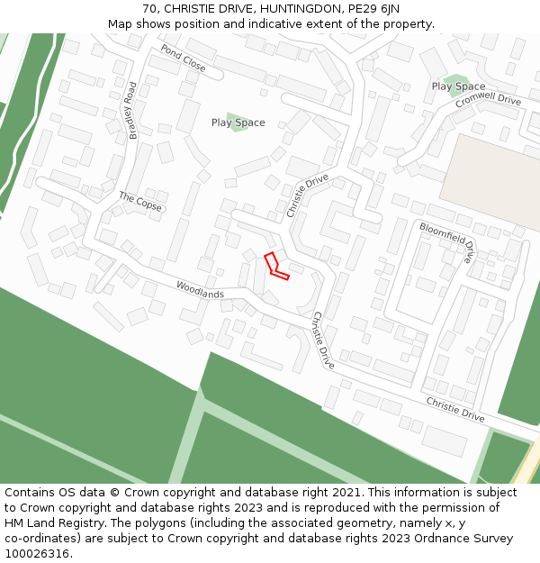 70, CHRISTIE DRIVE, HUNTINGDON, PE29 6JN: Location map and indicative extent of plot