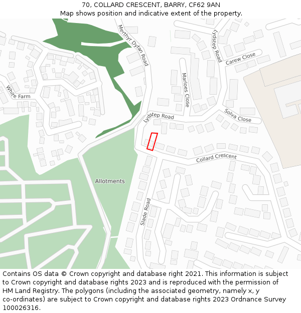 70, COLLARD CRESCENT, BARRY, CF62 9AN: Location map and indicative extent of plot