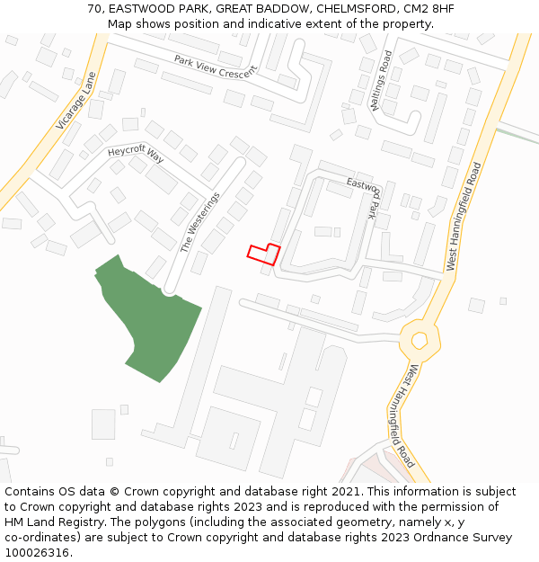 70, EASTWOOD PARK, GREAT BADDOW, CHELMSFORD, CM2 8HF: Location map and indicative extent of plot