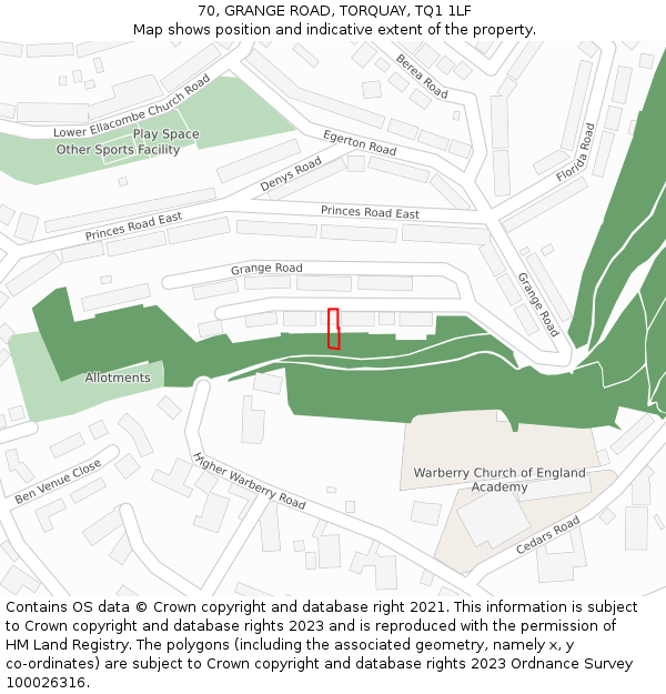 70, GRANGE ROAD, TORQUAY, TQ1 1LF: Location map and indicative extent of plot