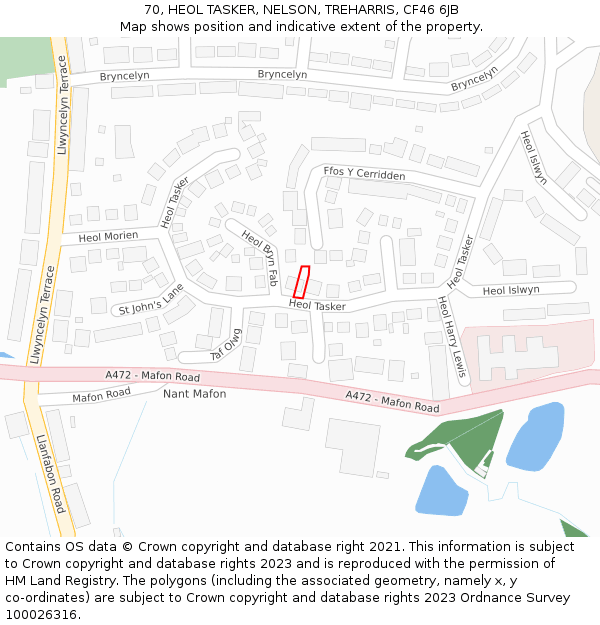 70, HEOL TASKER, NELSON, TREHARRIS, CF46 6JB: Location map and indicative extent of plot