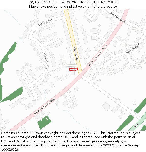 70, HIGH STREET, SILVERSTONE, TOWCESTER, NN12 8US: Location map and indicative extent of plot