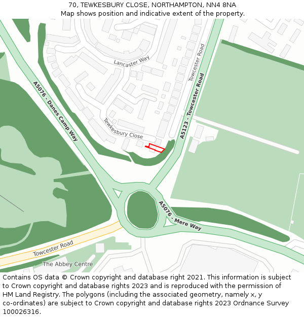 70, TEWKESBURY CLOSE, NORTHAMPTON, NN4 8NA: Location map and indicative extent of plot