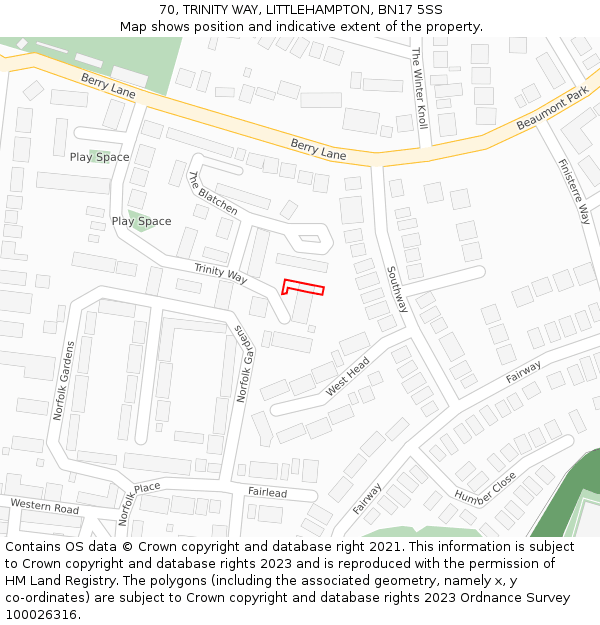 70, TRINITY WAY, LITTLEHAMPTON, BN17 5SS: Location map and indicative extent of plot