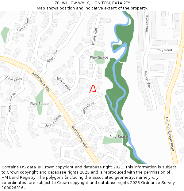 70, WILLOW WALK, HONITON, EX14 2FY: Location map and indicative extent of plot