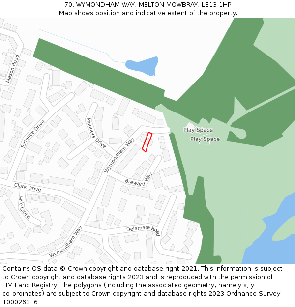 70, WYMONDHAM WAY, MELTON MOWBRAY, LE13 1HP: Location map and indicative extent of plot