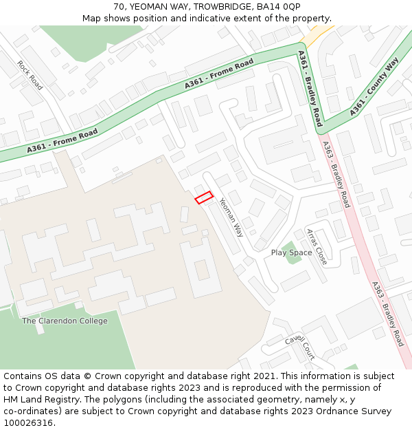 70, YEOMAN WAY, TROWBRIDGE, BA14 0QP: Location map and indicative extent of plot