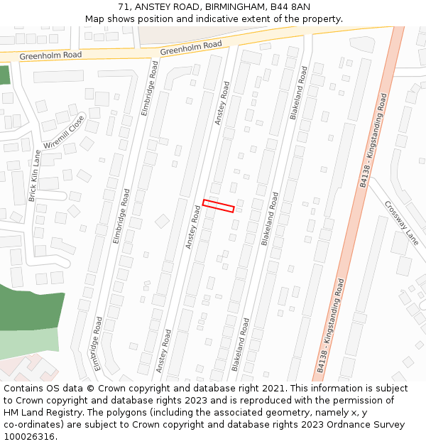 71, ANSTEY ROAD, BIRMINGHAM, B44 8AN: Location map and indicative extent of plot