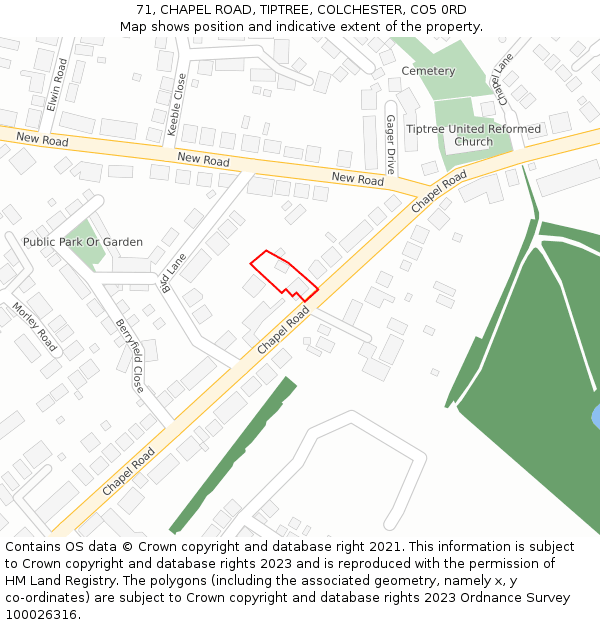 71, CHAPEL ROAD, TIPTREE, COLCHESTER, CO5 0RD: Location map and indicative extent of plot