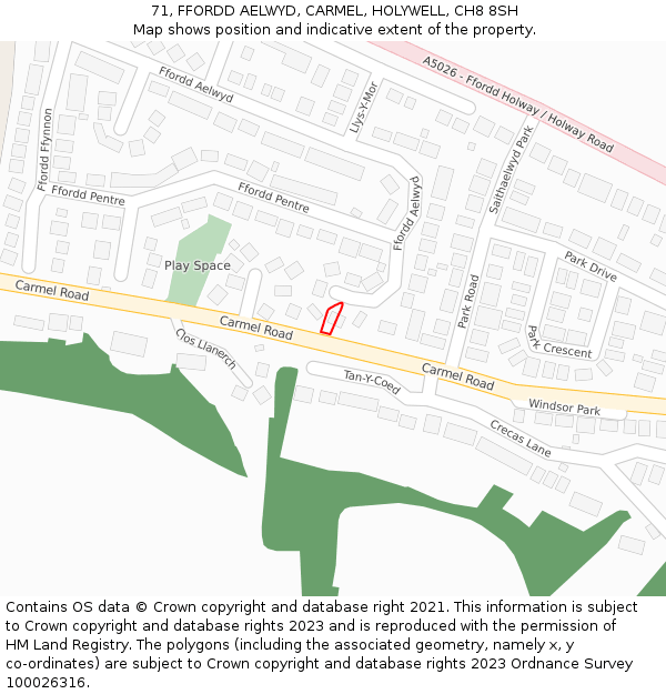 71, FFORDD AELWYD, CARMEL, HOLYWELL, CH8 8SH: Location map and indicative extent of plot