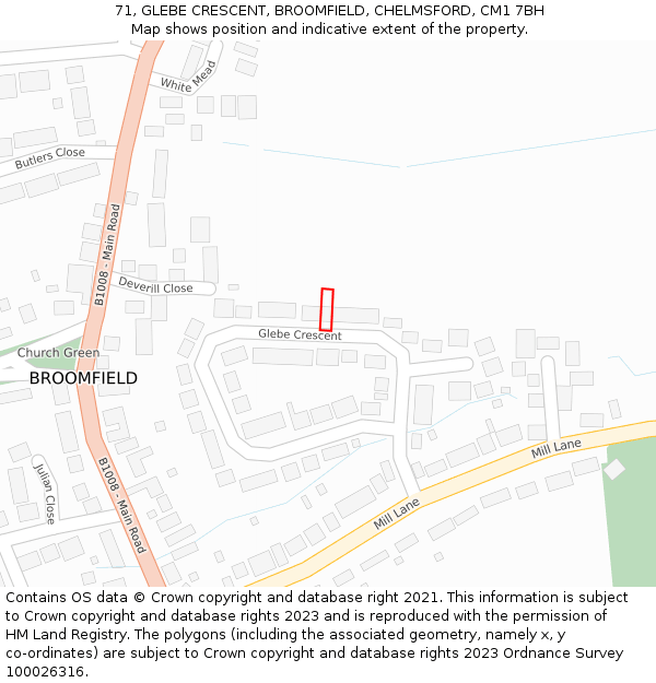 71, GLEBE CRESCENT, BROOMFIELD, CHELMSFORD, CM1 7BH: Location map and indicative extent of plot