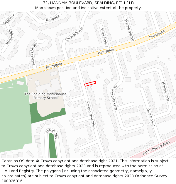 71, HANNAM BOULEVARD, SPALDING, PE11 1LB: Location map and indicative extent of plot