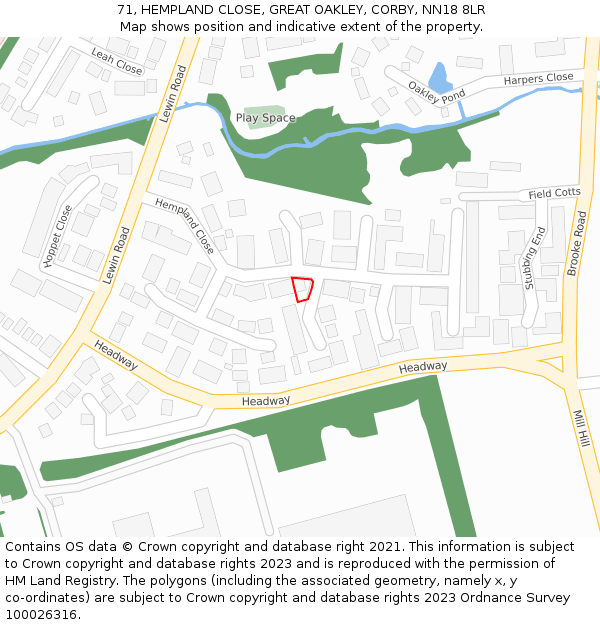 71, HEMPLAND CLOSE, GREAT OAKLEY, CORBY, NN18 8LR: Location map and indicative extent of plot