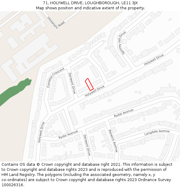 71, HOLYWELL DRIVE, LOUGHBOROUGH, LE11 3JX: Location map and indicative extent of plot