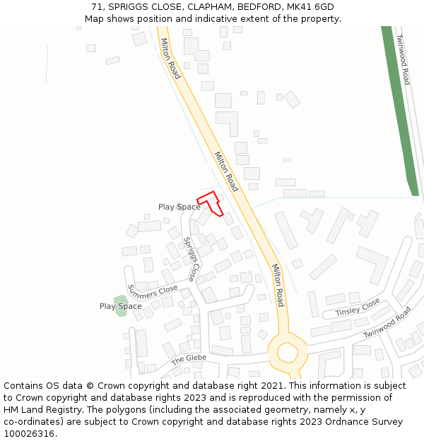 71, SPRIGGS CLOSE, CLAPHAM, BEDFORD, MK41 6GD: Location map and indicative extent of plot