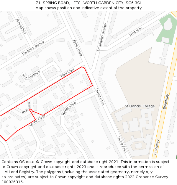 71, SPRING ROAD, LETCHWORTH GARDEN CITY, SG6 3SL: Location map and indicative extent of plot