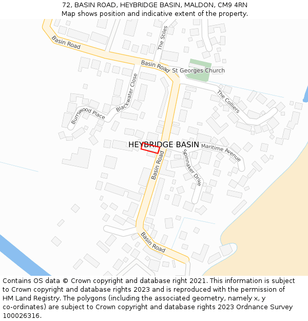 72, BASIN ROAD, HEYBRIDGE BASIN, MALDON, CM9 4RN: Location map and indicative extent of plot