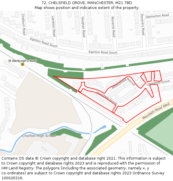 72, CHELSFIELD GROVE, MANCHESTER, M21 7BD: Location map and indicative extent of plot