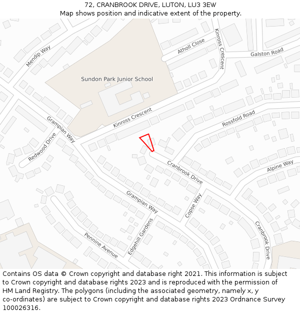 72, CRANBROOK DRIVE, LUTON, LU3 3EW: Location map and indicative extent of plot