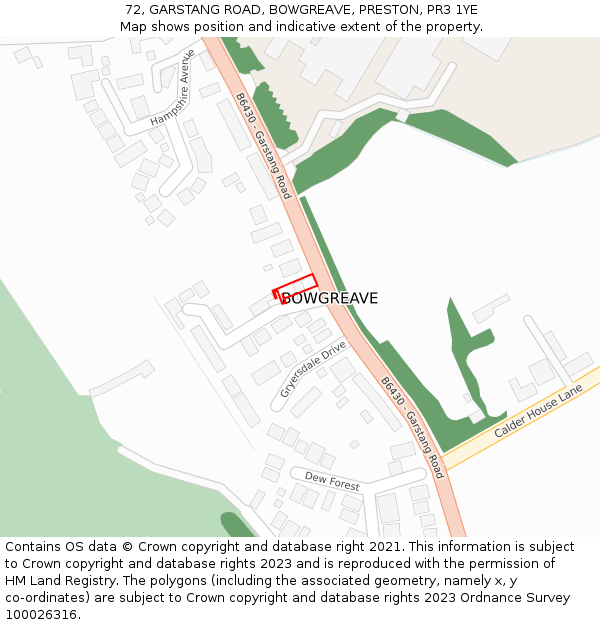 72, GARSTANG ROAD, BOWGREAVE, PRESTON, PR3 1YE: Location map and indicative extent of plot