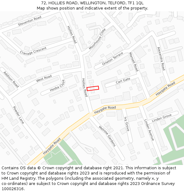 72, HOLLIES ROAD, WELLINGTON, TELFORD, TF1 1QL: Location map and indicative extent of plot