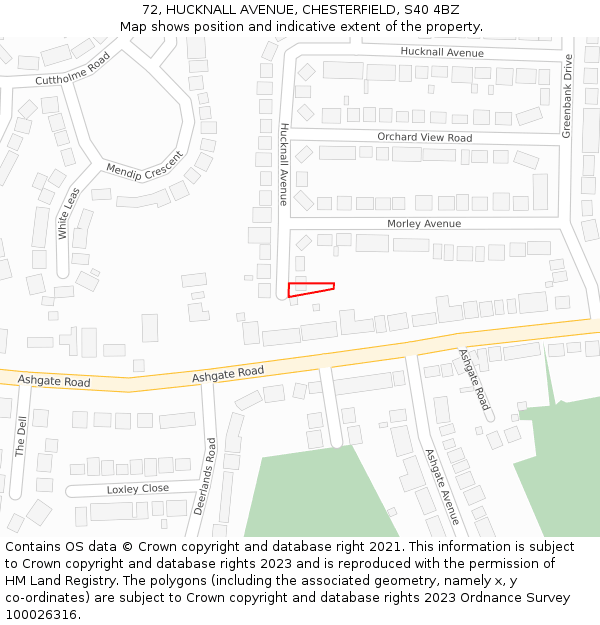 72, HUCKNALL AVENUE, CHESTERFIELD, S40 4BZ: Location map and indicative extent of plot