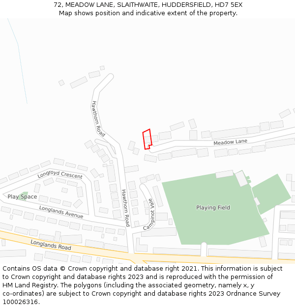 72, MEADOW LANE, SLAITHWAITE, HUDDERSFIELD, HD7 5EX: Location map and indicative extent of plot