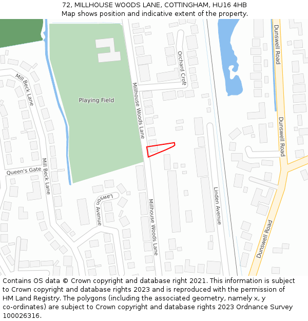 72, MILLHOUSE WOODS LANE, COTTINGHAM, HU16 4HB: Location map and indicative extent of plot