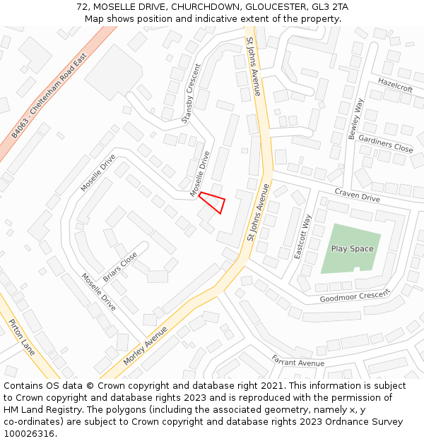 72, MOSELLE DRIVE, CHURCHDOWN, GLOUCESTER, GL3 2TA: Location map and indicative extent of plot