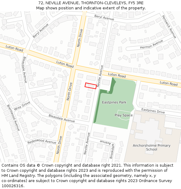 72, NEVILLE AVENUE, THORNTON-CLEVELEYS, FY5 3RE: Location map and indicative extent of plot