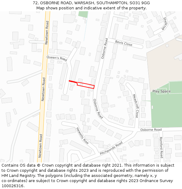 72, OSBORNE ROAD, WARSASH, SOUTHAMPTON, SO31 9GG: Location map and indicative extent of plot