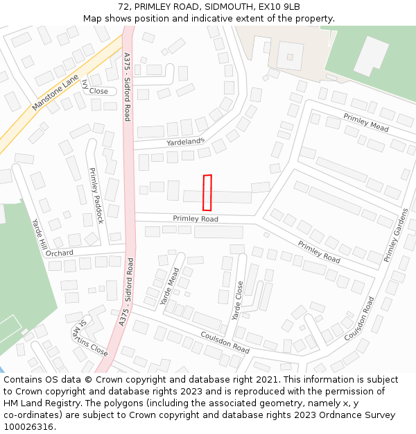 72, PRIMLEY ROAD, SIDMOUTH, EX10 9LB: Location map and indicative extent of plot