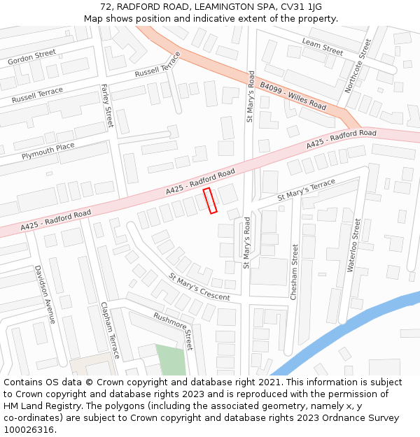 72, RADFORD ROAD, LEAMINGTON SPA, CV31 1JG: Location map and indicative extent of plot