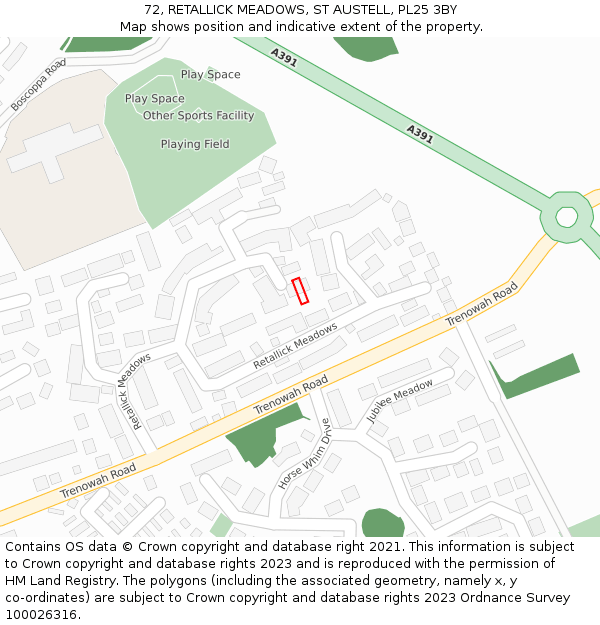 72, RETALLICK MEADOWS, ST AUSTELL, PL25 3BY: Location map and indicative extent of plot