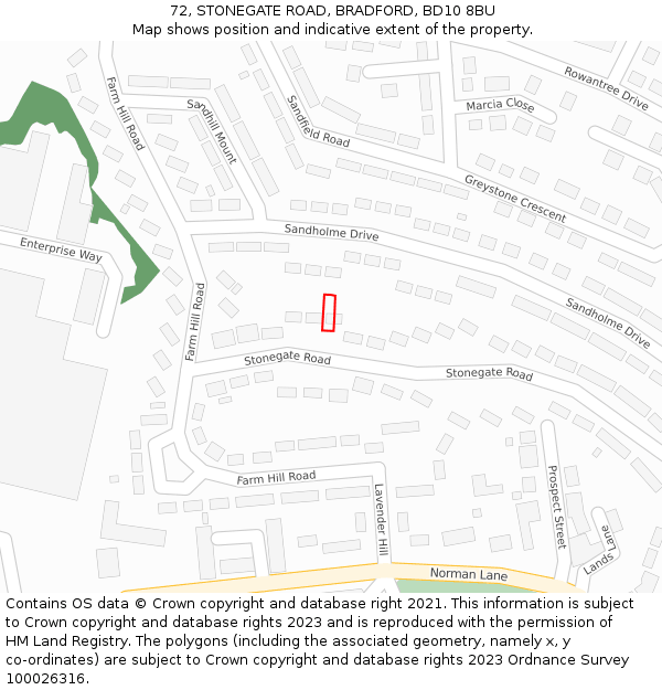 72, STONEGATE ROAD, BRADFORD, BD10 8BU: Location map and indicative extent of plot