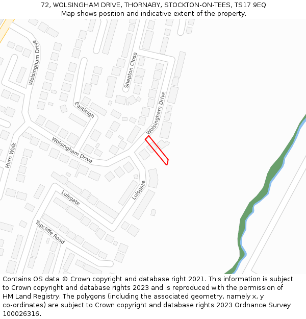 72, WOLSINGHAM DRIVE, THORNABY, STOCKTON-ON-TEES, TS17 9EQ: Location map and indicative extent of plot