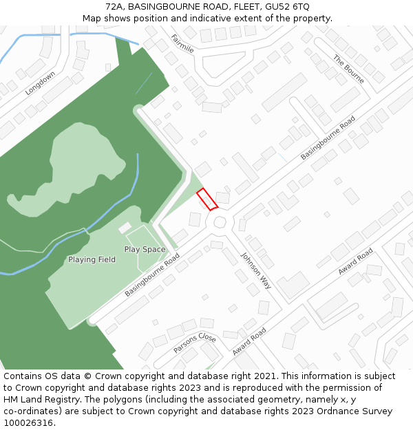 72A, BASINGBOURNE ROAD, FLEET, GU52 6TQ: Location map and indicative extent of plot