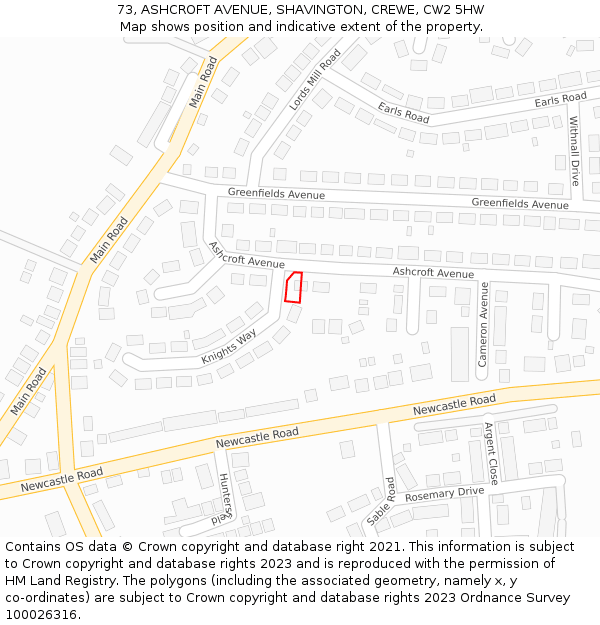 73, ASHCROFT AVENUE, SHAVINGTON, CREWE, CW2 5HW: Location map and indicative extent of plot