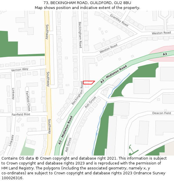 73, BECKINGHAM ROAD, GUILDFORD, GU2 8BU: Location map and indicative extent of plot