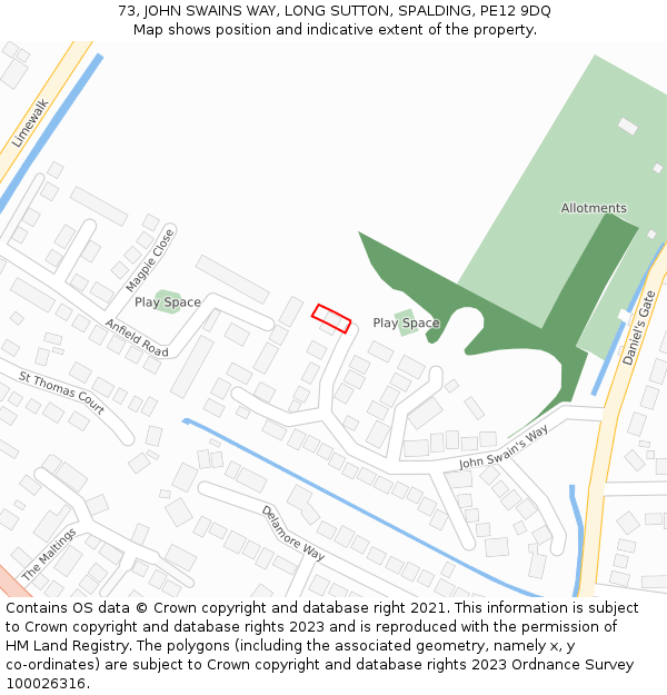 73, JOHN SWAINS WAY, LONG SUTTON, SPALDING, PE12 9DQ: Location map and indicative extent of plot