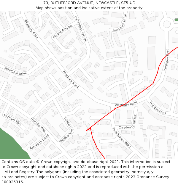 73, RUTHERFORD AVENUE, NEWCASTLE, ST5 4JD: Location map and indicative extent of plot